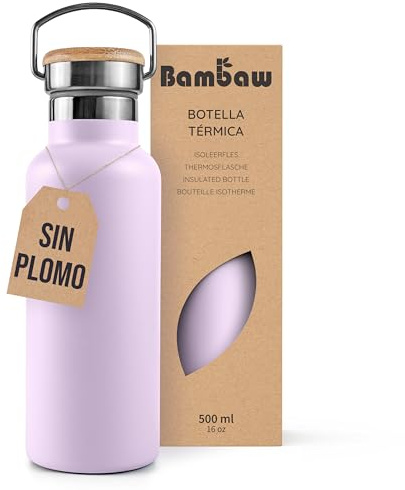 Bambaw Thermosflasche Edelstahl 500ml, Wasserflasche Thermo, Doppelwandig & Rostbeständiges Metall, Wiederverwendbar, Leicht zu Tragen, Passend für Teefilter, Ideal für Reisen (Fliederlila)