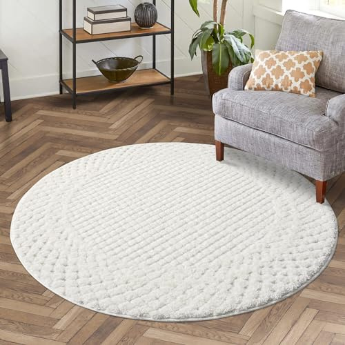 carpet city Teppich Wohnzimmer Hochflor Creme - 200 cm Rund - Hochtief-Muster, 3D-Effekt Bordüre - Bettvorleger Schlafzimmer Teppiche Boho, Skandi