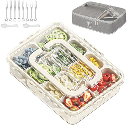WETRBWEH Snack Box Container with Insulated Cooler Bag, Divided Serving Tray with Lid and Handle Beach Essentials, Snackle Box Veggie Fruit Tray with 8 Compartments & 8 Forks & 2 Spoon
