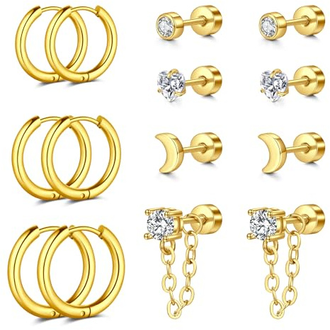 AVYRING 7 paia di orecchini a perno da donna, 20 g, orecchini a cerchio con zirconia cubica, margherita, cuore, nappe, in acciaio chirurgico ipoallergenico, impilabili, orecchini a cerchio da donna,