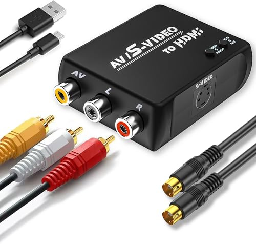 WNNZVCC RCA to HDMI Converter, S Video to HDMI Converter. (Converter（Black）+ RCA/S-Video/USB Cable)