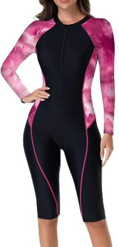 Miutii Dam Surfdräkt Baddräkt med Ben Dragkedja Heldräkt Badmode Långärmad Rashguard Surfing Simdräkt Badkläder, L