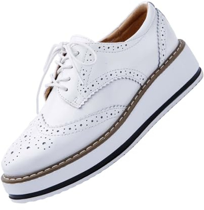 Chaussures Oxford à plateforme pour femme, classiques, en cuir épais avec bouts ailés, baskets à lacets avec talon compensé, chaussures de ville brillantes, respirantes et confortables, blanc, 39 EU