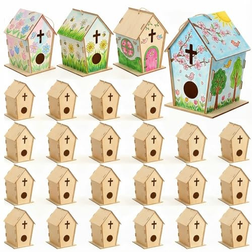 DoubleFill 24 Pcs 6 inches Wooden Bird House Kits DIY Birdhouse for Kids, Paint Your Own Birdhouse for Craft Gift Sunday School Vbs Religious