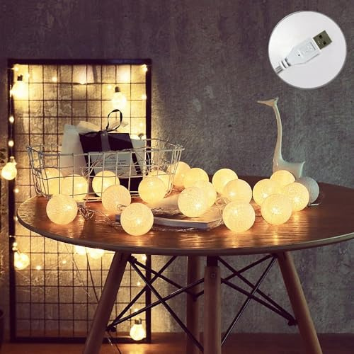 LED-ljusslinga inomhus bomullskulor, 4 m/13,1 fot 20 ljusslinga USB-kulor, boho ljuskedjor balkong bomullsboll för barnrum jul bröllop festbelysning dekoration (vit)