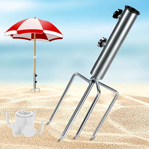 Picchetto per ombrellone in acciaio, Piedi per ombrellone Spiaggia, Regolabile Rimovibile Supporto per ombrellone, con 4 Picchetto Trivella per ombrellone da spiaggia per Prateria/ Sabbia /Pesca