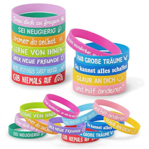 Siblaies 24 braccialetti motivazionali per bambini con frasi tedesche, braccialetti in silicone da 18 cm, come regalo per addio al kita, compleanni dei bambini e mutmaker per la scuola, Piccolo