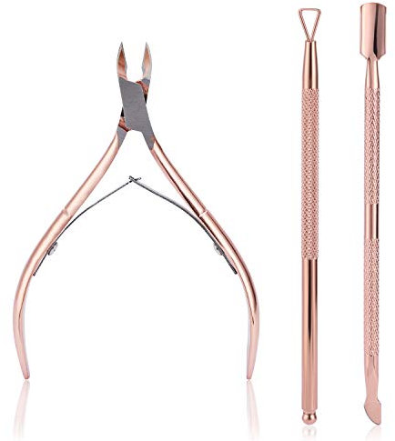 3 Stück Nagelhautzange mit Nagelhautschieber, Nagelhaut trimmer, Edelstahl Nagelhautentferner und Cutter für Fingernagel und Zehennagel, Mwoot Cuticle Nipper with Cuticle Pusher Peeler (Roségold)