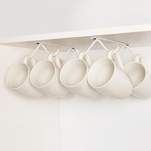 Tavery Cabinet Hook Mug Holder - Hanging Coffee Cup Rack for Kitchen, Under Cabinets Metal Hangers Organizer Shelf Storage Utensil (White)