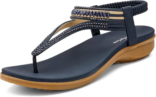 Littleplum Women's Summer Sandals Casual Comfortable Flip Flops Beach Shoes Ankle T-Strap Thong Elastic Flat Sandals for Women Blue Size 10