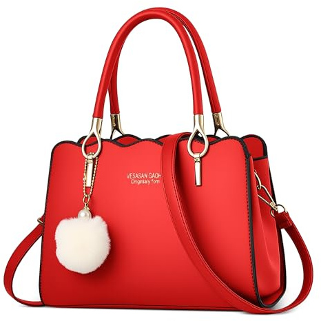 DEEVORCA Classique Femme Sac à Main Élégant Sacs Fourre-tout Mignon Pompon Pendentif Sac à Bandoulière Cabas pour Achats Voyage Travail Occasionnel Quotidien Cuir PU Sac de Messager Rouge