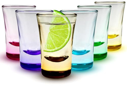 Bunte Shotgläser - 6 x 2,5 cl Kleine Schnapsgläser Set mit schwerem Boden - Ideale Tequila Gläser, Vodka Gläser, Pinnchen, Stamperlgläser für Schnaps, Jägermeister, Korn