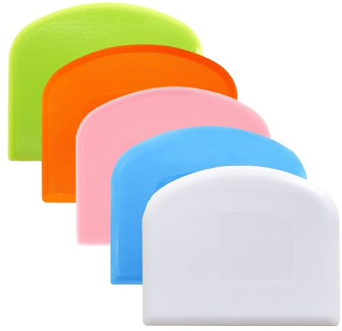 CEWIFO Dough Cutter Bench Scraper for Baking, 5 PCs BPA Free PE Plastic Flexible Bowl Scraper, Food-safe Plastic Dough Scraper for Bread Cake Dough Fondant Icing (White, Green, Orange, Blue, Pink)