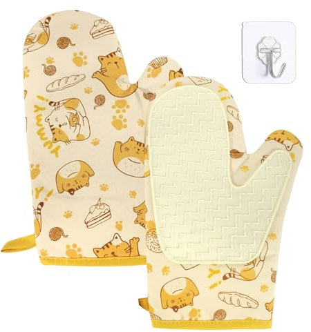 Guanti del forno Resistente al calore, cotone e silicone Guanti del forno del carino guanti del forno per cucinare forno a microonde, con gancio appeso 2pcs (Giallo)