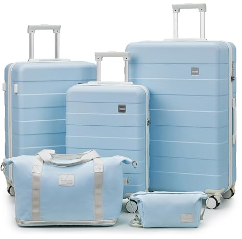 imiomo Juego de Maletas, 5 Piezas Equipaje Set Trolley de Viaje, Maleta de Mano Gran Espacio, Rodillo de 360° y Cerradura TSA Incluidas 1 Neceser y 1 Bolsa