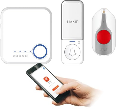 MIRATIC Sonnette sans Fil avec Wi-FI Systeme Alarme Maison avec Bouton d'Entrée sans Pile et Bouton SOS pour Surveillance Personne âgée Alimenté par Batterie 52 Sons portée 200 m Blanc