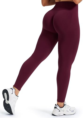 JOYSPELS Gym Leggings for Women Seamless Ruched Scrunch Bums Lifting Workout Activewear Leggings High Waist Tummy Control Yoga Pants UK Cordovan Red S