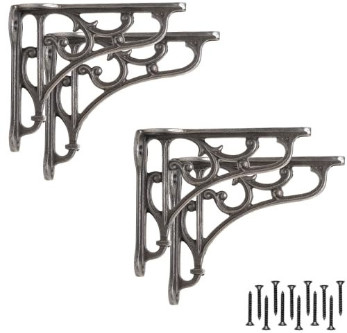 EDUWURXS Industrial Cast Iron Ornate Shelving Brackets Pack of 4 3X4 Heavy Duty Wall Brackets for Shelves, Kitchen Shelves, Living Room, Additional
