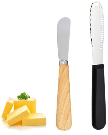 NIDHFG 1 Piece Serrated Butter Knife And 1 Piece Wooden Handle Butter Knife, Baking Tools, Kitchen Gadgets, Stainless Steel Butter Knife.