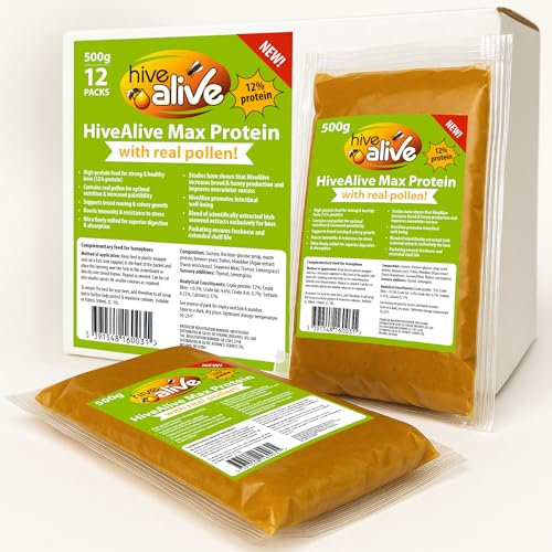 HiveAlive Max Protein Pollen Patty für Bienen, 12er-Pack (je 500g) – Eiweißreiches Bienenfutter mit echtem Pollen – Unterstützt Darmgesundheit & Brut – Frühlingsfutter – Saubere, einfache Anwendung