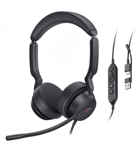 Yealink UH44 Wired USB Headset with 2 Noise Cancelling Mics, Wired Headset for Computer,PC,Laptop,Teams Certified,Zoom,Call Center,Home Office,Inline Controls,Comfort Ear Cushions,USB-C/A,Busylight