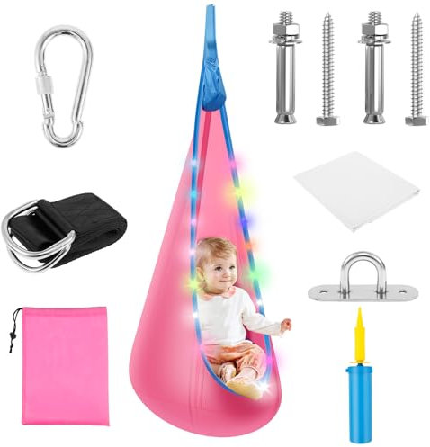 Hängehöhle mit LED-Streifen,Tragbarer Hängesessel Schaukel mit aufblasbarem Kissen,Kinder Pod Schaukelsitz, Max 80kg für den Innen- und Außenbereich für Kinder