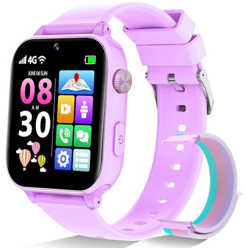 Montre Connectée Enfant 4G GPS, Smartwatch Téléphone pour Filles Garçons avec Appel Vidéo SOS Podomètre Mode Classe, Montre Cadeau pour Enfants 5-12 Ans (Violet)