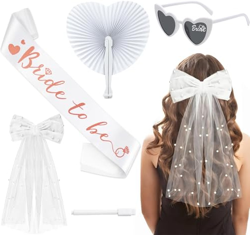 Addio al Nubilato Gadget,Bride to Be Fusciacca,Velo da Sposa,Ventagli Pieghevoli Bianchi,Occhiali da Sole Cuore e Pennarelli,Futura Sposa Decorazione,Gadget Addio al Nubilato Sposa
