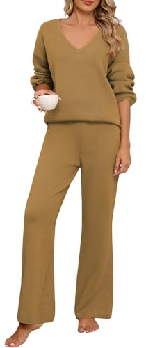 CMTOP Conjunto Punto Mujer 2 Piezas Invierno Otoño Pijama Chandal Completo Deportivo Conjuntos Elegante Cuello en V Casual Jersey Tops Cintura Alta Elástico Suelto Pantalones (Caqui, XL)