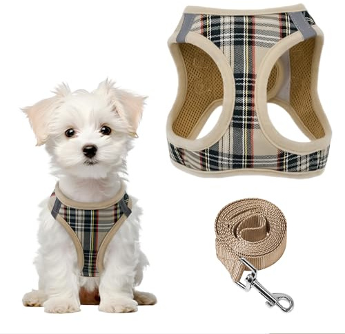 Pawsailor Step-in Pettorina Cane Taglia Piccola con Guinzaglio Anti-tiro Riflettente Pettorina per Cani Regolabile Morbida Rete Traspirante Motivo a Quadri Imbracatura per Cuccioli Gatti, Beige XS