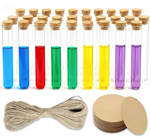 Leyrens 30 Piezas de Tubos de Ensayo Transparente con Corcho 15 x 100mm, Tubo Ensayo con Tapones de Corcho Probetas Plastico Reutilizables, Con cuerda de cáñamo y etiqueta, Para Laboratorios