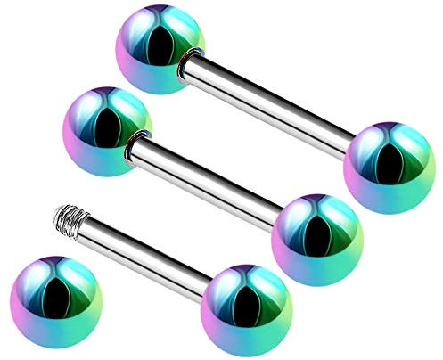 KJM FASHION 3PCS Stainless Steel Straight Barbell 14 Gauge 8mm 10mm 12mm 4mm Rainbow Ball Auricle Earrings Conch Piercing Jewellery 3427
