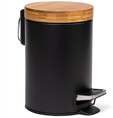 Kazai.® 3l Design Kosmetikeimer | Bad-Mülleimer mit Bambus-Holzdeckel und Absenkautomatik | Mit Anti-Fingerabdruck und Komfort-Pedale | Schwarz