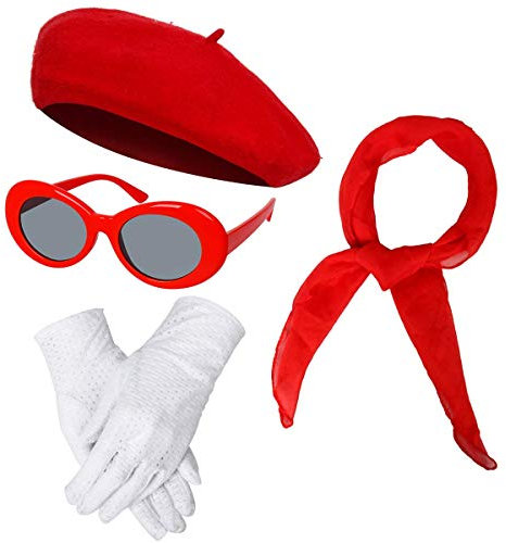 NUWIND 1940er Französisch Klassisch Kostüm Zubehör Set inkl. Barett Brille Handschuhe Chiffon Schal, Retro Accessoires für Mädchen Damen Frauen (rot)