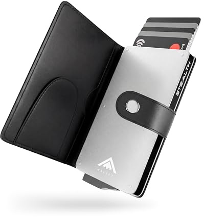 Stealth Wallet RFID Card Holder Wallet - Smart Minimalist Pop Up Wallets with Gift Box - Slim Lightweight Metal Credit Card Holders for Men (Silver Aluminium, Black Leather, Money Clip)