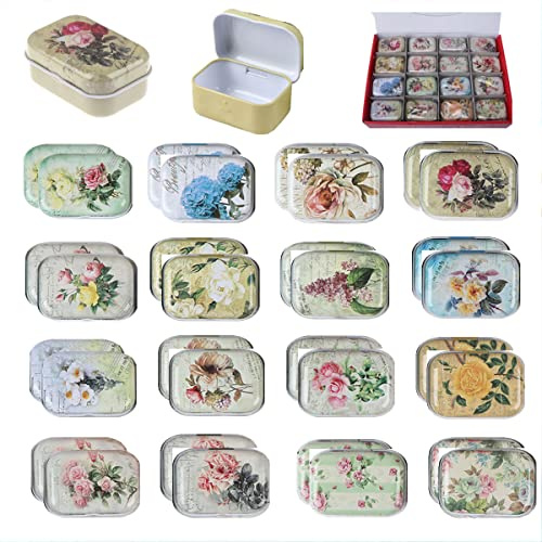 32Pcs Mini Flower Tin Trinket Jewelry Organizer Box Tinplate Storage Case with Lid Small Rectangular Bead Container for Storage of Small Items, Crafts, Christmas stocking stuffers(flower)