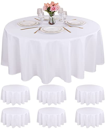 Kesfey 6 Packs White Round Table Cloths 90 Inch White Polyester Circle Bulk Linen Tablecloth Wrinkle Resistant Tablecloths Washable High Density Fabric Tablecovers for Wedding Camping Banquet Parties