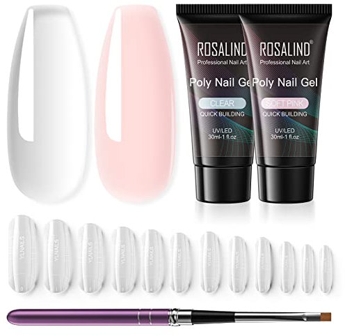ROSALIND Kit de Extensión de Uñas de Gel, Rosa Transparente 2 Colores 30ml Poly Nail Extension, Esmaltes Semipermanentes Con Cepillo y Moldes