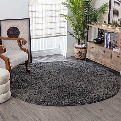 Surya Home Shaggy Berber Teppich - Flauschiger Teppich für Wohnzimmer, Esszimmer, Schlafzimmer, Langflor Hochflor Teppich flauschig - Teppich groß 200 cm Rund, Wohnzimmerteppich in Dunkelgrau