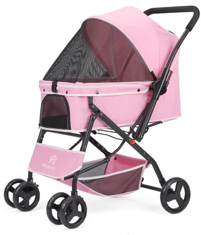 Pet Strollers, Foldable Cat Dog Strollers, Pet Dogs Stroller with Storage Basket, 360° Front Wheel Rear Wheel with Brake, Lightweight Travel Stroller for Small Medium Dogs&Cats (Pink)