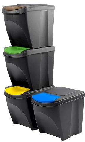 Set med 4 korgar SortiBox | Återvinningskärl Sopsorteringskärl Källsorteringskärl | för återvinning av återvinning | Stapelbar | plast | 100 liter (4 x 25L) | svart | för hem inomhus