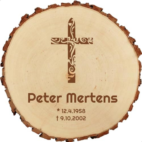 Baumscheibe 23cm mit Gravur (Namen) personalisierte Holz-Gedenkplatte Grabschmuck Gedenken Trauer Andenken Straßenkreuz Grab-Dekoration MotivTR12 Kreuz