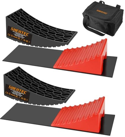 Shentec Auffahrkeile 2er Set, Ausgleichskeile für Wohnmobile & Wohnwagen, bis 16 Tonnen, inkl. 2 Bremskeile, Tragetasche, 2 rutschfesten Matten, Stufenkeile Unterlegkeile Kunststoff