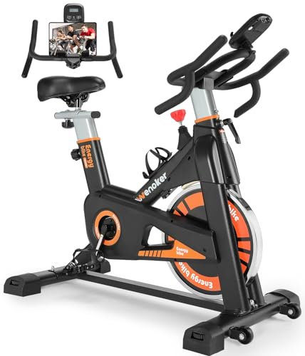 Motionscykel, WENOKER stationär cykel för hem, inomhuscykel med tyst bältesdrift, tungt svänghjul, bekväm sittdyna och uppgraderad LCD-skärm