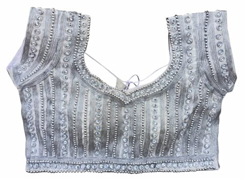IMTRA FASHION Women's Heavy Embroidered Saree Blouse Heavy Beaded Crop Top Choli-Silver