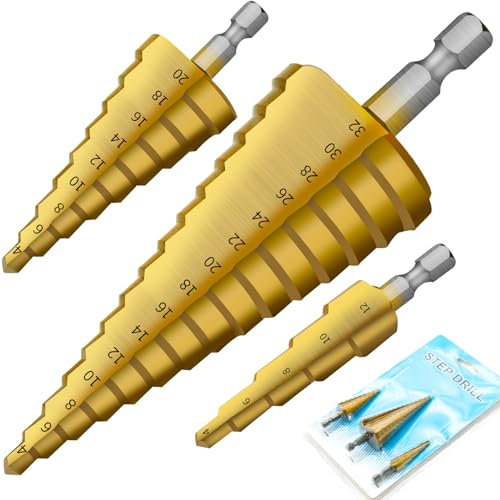 HPMAISON 3pcs HSS Step Bits, High Speed Steel Step Drill Bit Set (4-12mm, 4-20mm, 4-32 mm) Hex Shank Metric, Gold Titanium Straight Grooved Cone Drill Bit Hole Cutter for Wood, Plastic and Sheet Metal