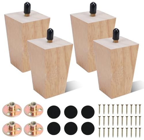 AWBEOT 4 Pezzi Gambe per Mobili in Legno 8 cm Piedini per Mobili in Legno Massello Quadrate Gambé di Ricambio per Divano, con Piastra di Montaggio,Pad Antiscivolo,Viti, per Tavolo,Letto,Armadio,Sedia