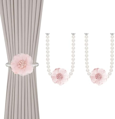 OCIOLI 2 Pack of Pearl Magnetic Curtain Tieback with Handmade Flower Decorative Curtain Holdbacks Curtain Ties Magnetic Tie Backs for Curtains (2, Pink)