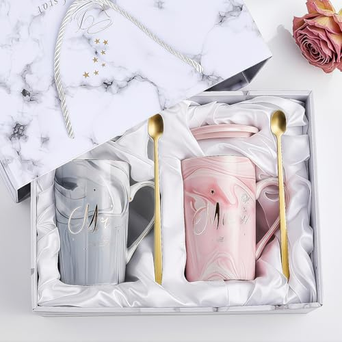 Focenat 2 pezzi Mr E Mrs Tazze Caffe Coppia,Tazze in Marmo Ceramico,400 ml,Regalo Anniversario Matrimonio,con Cucchiai e Coperchio,Bellissima Scatola,Per La Coppia Di Sposi,Anniversario