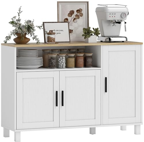 HOMCOM Aparador de 3 Puertas de Cierre Suave, Aparador de Salón con Estantes Ajustables, Compartimento Abierto, Patas de Madera, para Cocina, Entrada, Dormitorio, Blanco, 110x33x75 cm